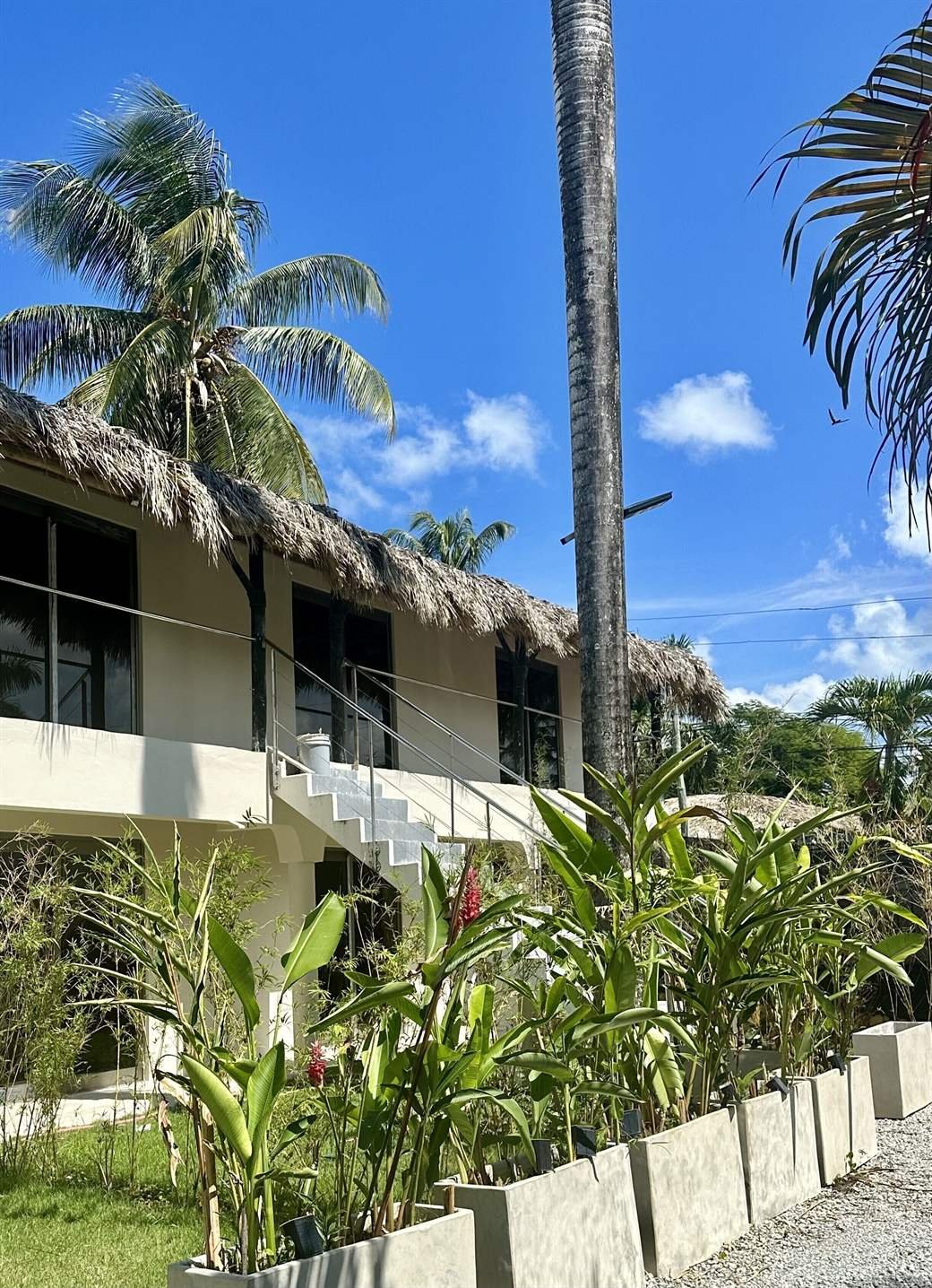 El Rincón de Abi: two-story building with thatched eaves and a tropical garden